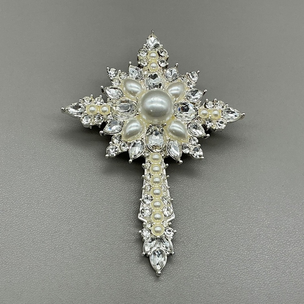 Napier Cross‎ Brooch Pin Silver Tone White Pearl Rhinestone Religious Jewelry